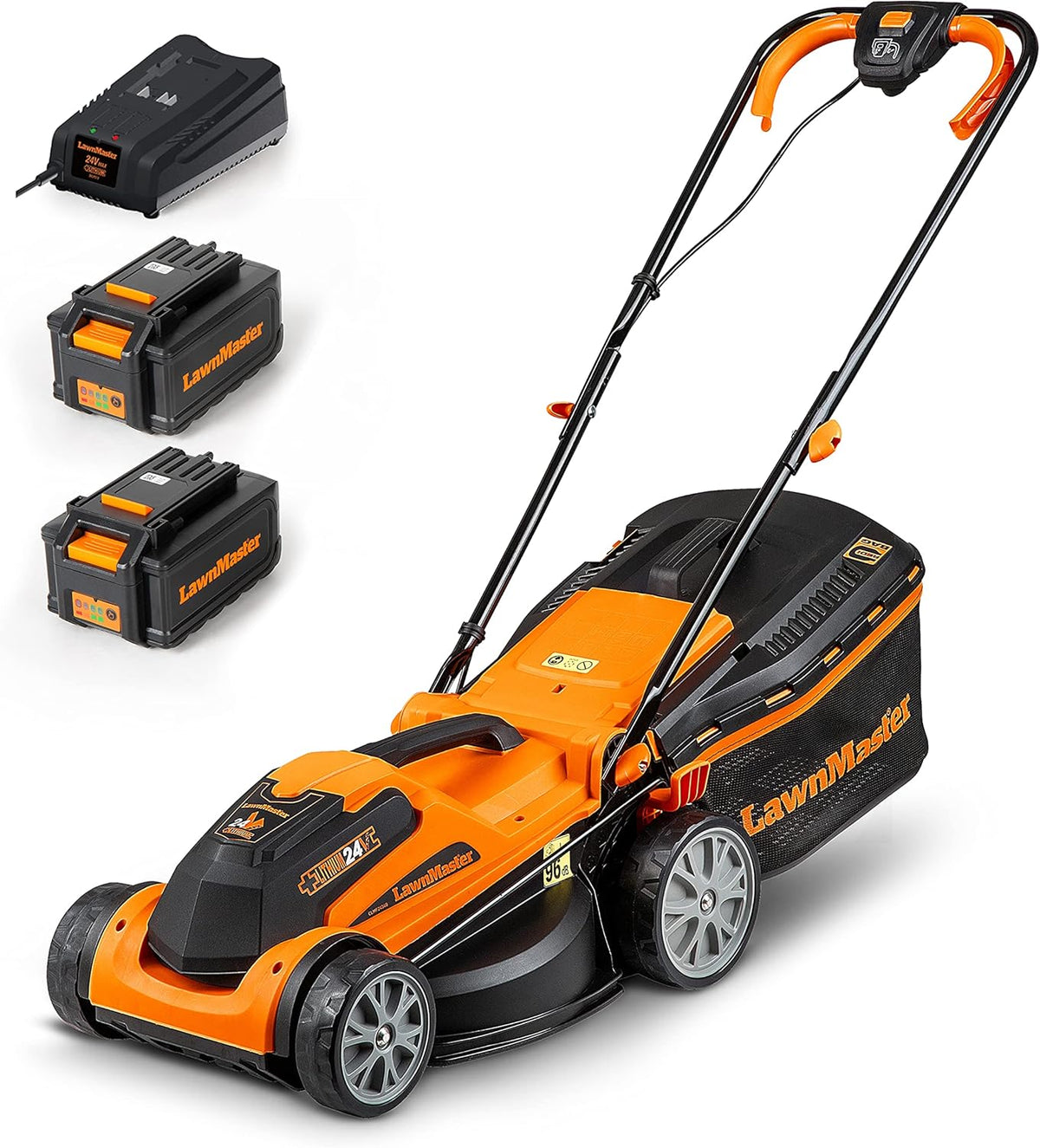 Cortacéspedes rotativo LawnMaster, Cortacésped batería 24V 34cm, 2 baterías, 300m²
