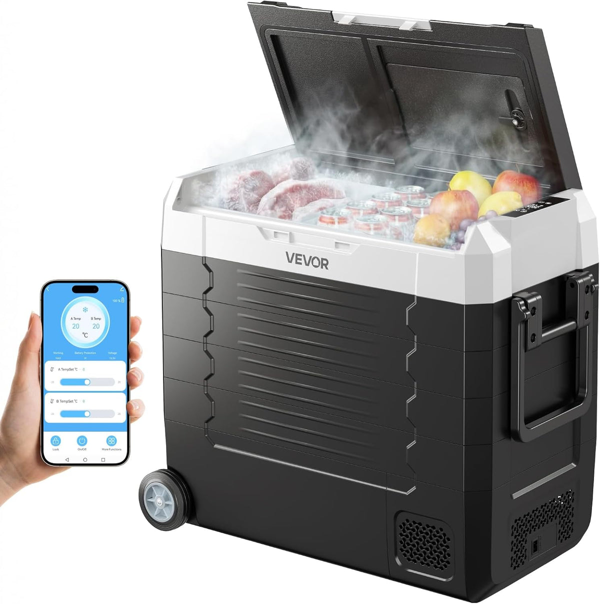 VEVOR Nevera portátil, para Coche 55 L, Refrigerador para Coche Temperatura Ajustable de -20 °C a 20 °C, con Control por Aplicación, Ruedas y Doble