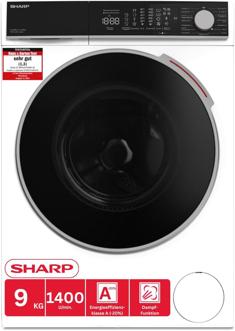 Lavadora Sharp, ES-WNFL914CWDA-DE - Lavadora (9 kg, eficiencia energética A-20%, 1400 rpm, WiFi, motor inversor, vapor, AquaStop), color blanco