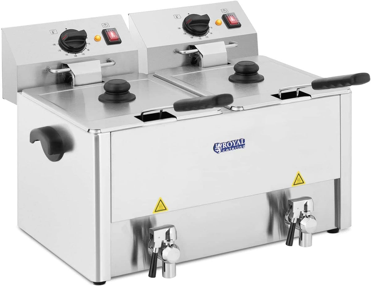 Freidora doble de acero inoxidable (capacidad 2 x 13 L, 2 x 3250 W, 230 V, termostato E.G.O. con grifo, incluye 2 cestas con tapa), Royal Catering