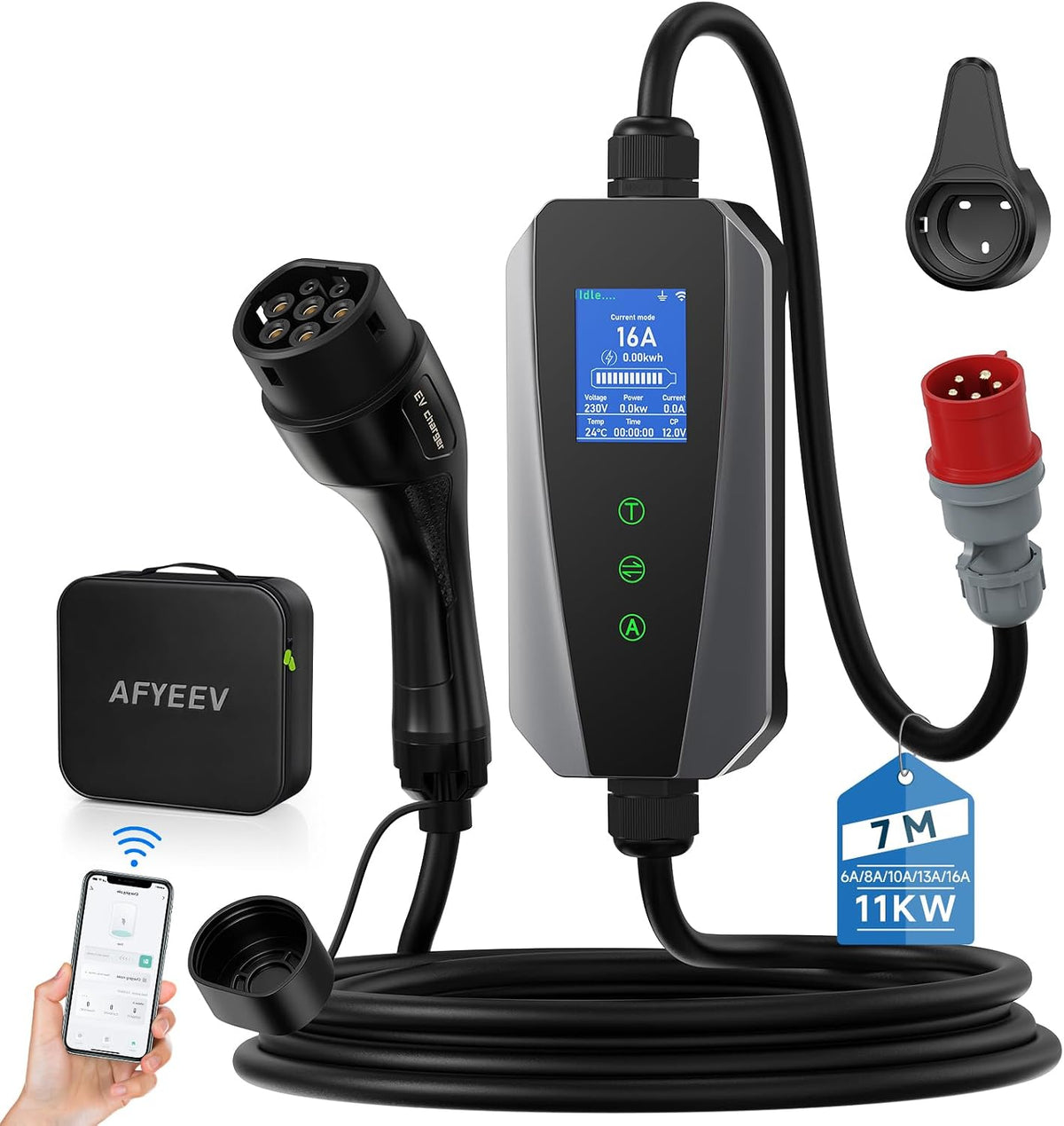 Estaciones de carga de AFYEEV, Cable de carga tipo 2 11 kW con APP 7 m, caja móvil con enchufe CEE