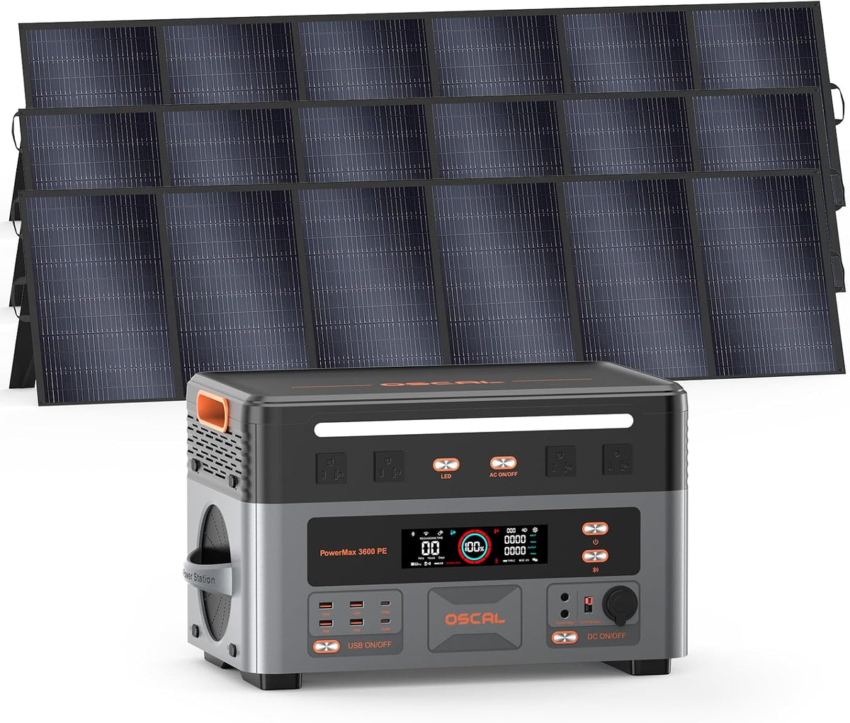 Voltark 3600PE Generador, OSCAL 3600W Generador Solar Portátil con Panel Solar 3x500W, PowerMax 7200W Pico Estación de Energía, 2016Wh Batería LiFePO4