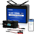 DC HOUSE Baterías de ciclo profundo, DCHOUSE Batería LiFePO4 12V 100Ah con Bluetooth y Cargador 10A, BMS 100A, hasta 15000 ciclos, batería de Litio