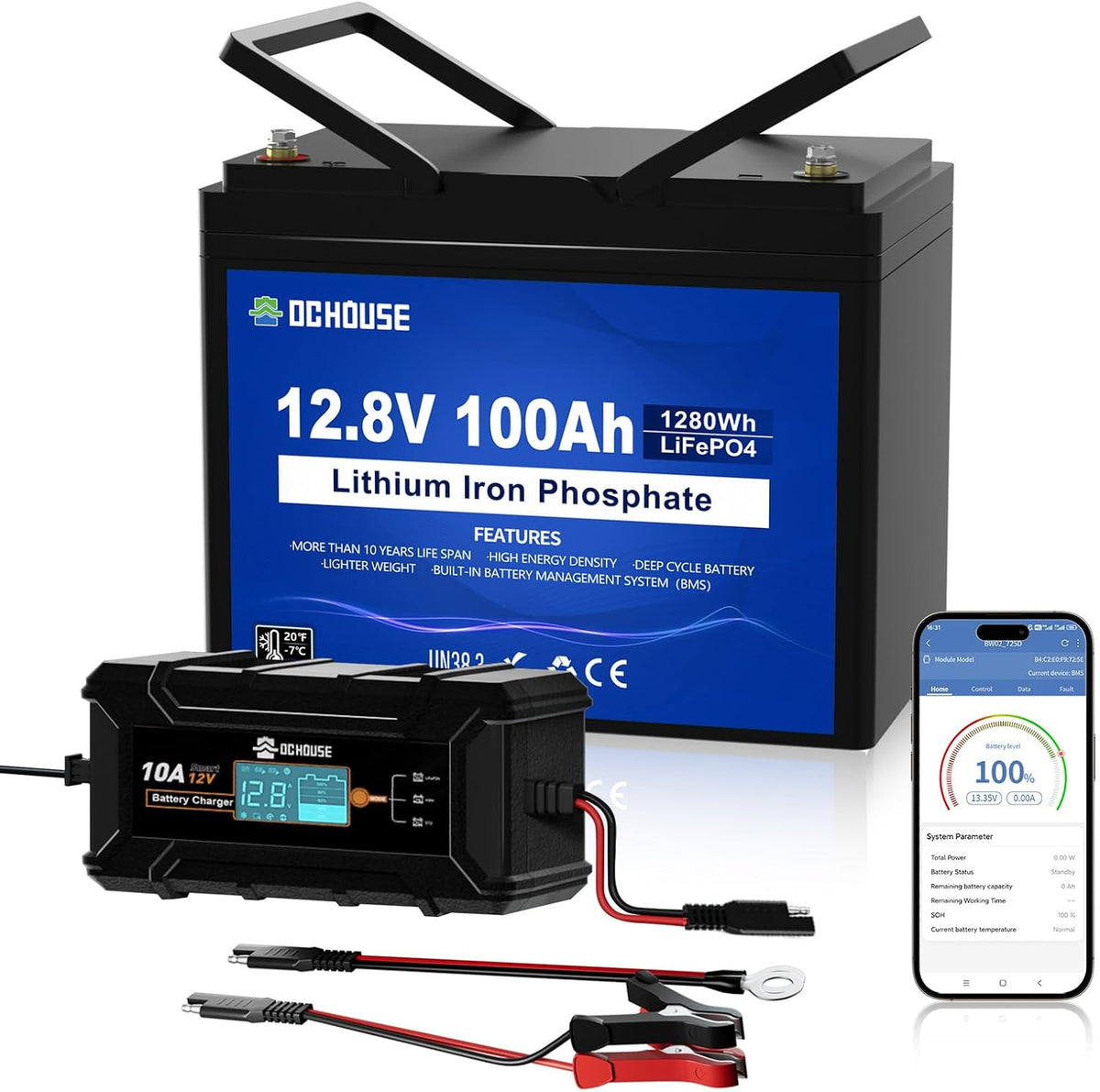 DC HOUSE Baterías de ciclo profundo, DCHOUSE Batería LiFePO4 12V 100Ah con Bluetooth y Cargador 10A, BMS 100A, hasta 15000 ciclos, batería de Litio