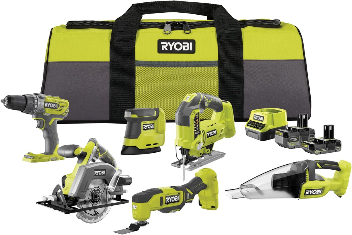 Taladro percutor 18V ONE+ Kit Combinado Inalámbrico 10 Herramientas, Taladro, Sierra, Multiherramienta y Más, Incluye 2 Baterías y Cargador, Ryobi