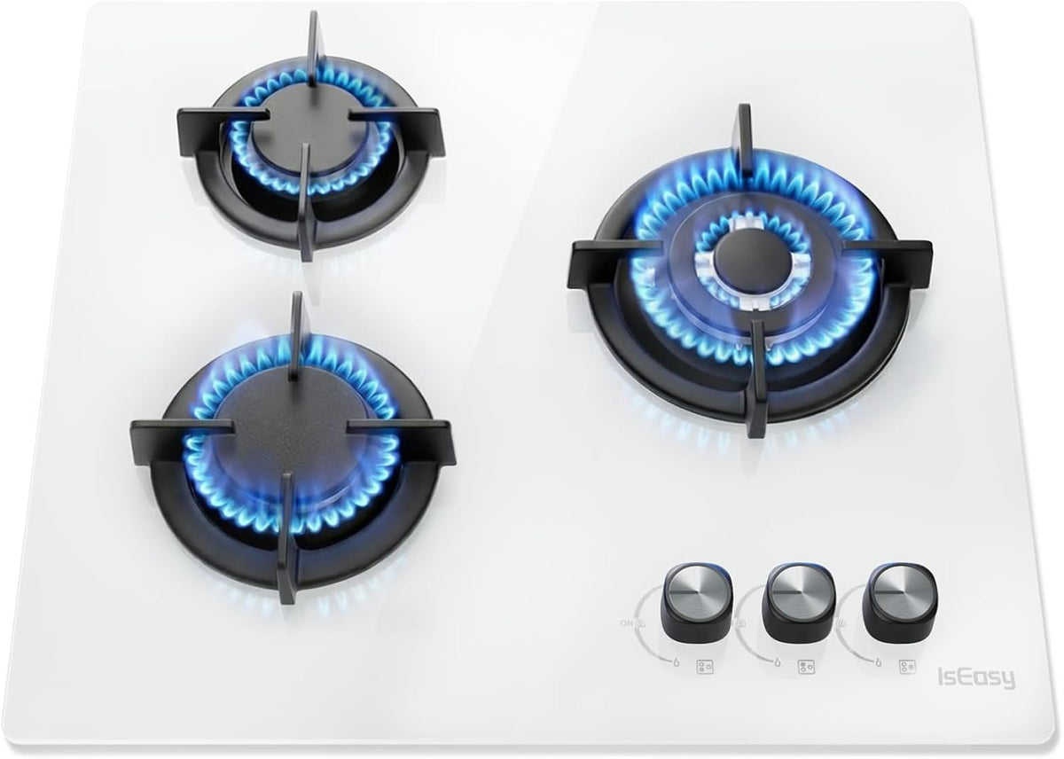Placa de cocina de IsEasy, Gas Butano 60 cm, 3 Fuegos, Placa Cristal Gas, Blanco