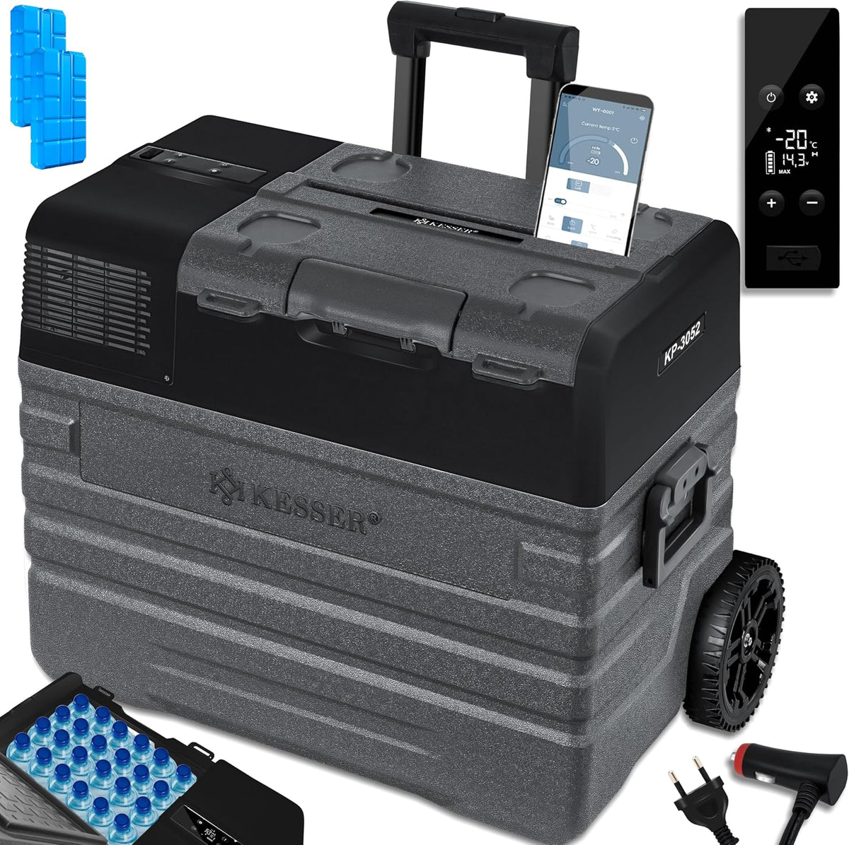 KESSER Nevera portátil, ® Nevera eléctrica portátil de compresor 52 litros, congelador con Control App, conexión USB 12/24 V 230 V, + Ruedas de