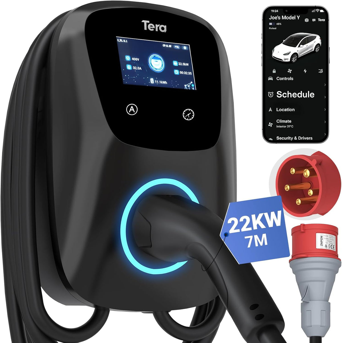 Estaciones de carga de Tera, EV Cargador con Smart App 32A Tipo 2 22kW 400V CE y TüV wallbox Cable de Carga de 7 Metros con Soporte para el Cargador