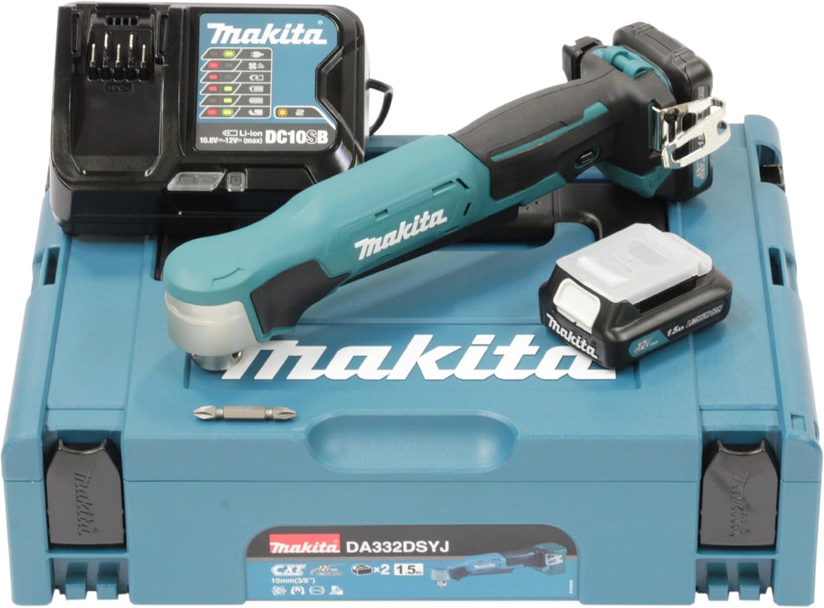 Atornillador DA332DSYJ - Taladro angular de batería de 10, 8 V, cargador en Makpac, gasolina, con 2 baterías de 1, 5 Ah, Makita