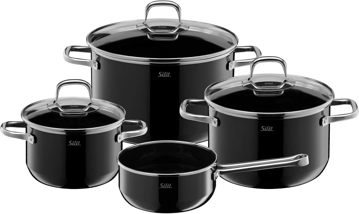 Juegos de olla Elegance Line Juego de cacerolas de inducción, 4 piezas, ollas con tapa de cristal, cerámica funcional de Silargan, libre de níquel