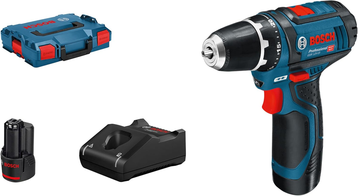 Bosch Professional Atornillador, 12V System atornillador a batería GSR 12V-15 (incl. cargador rápido GAL 12V-40, 2 bandejas para L-BOXX, 2 baterías
