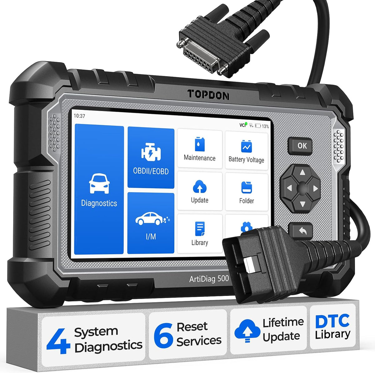 Sistemas de diagnóstico del motor (OBD-II) TOPDON, AD500 OBD2 diagnosis coche multimarca con 4 Sistemas y 6 Funciones de Reinicio, Sistema de Motor