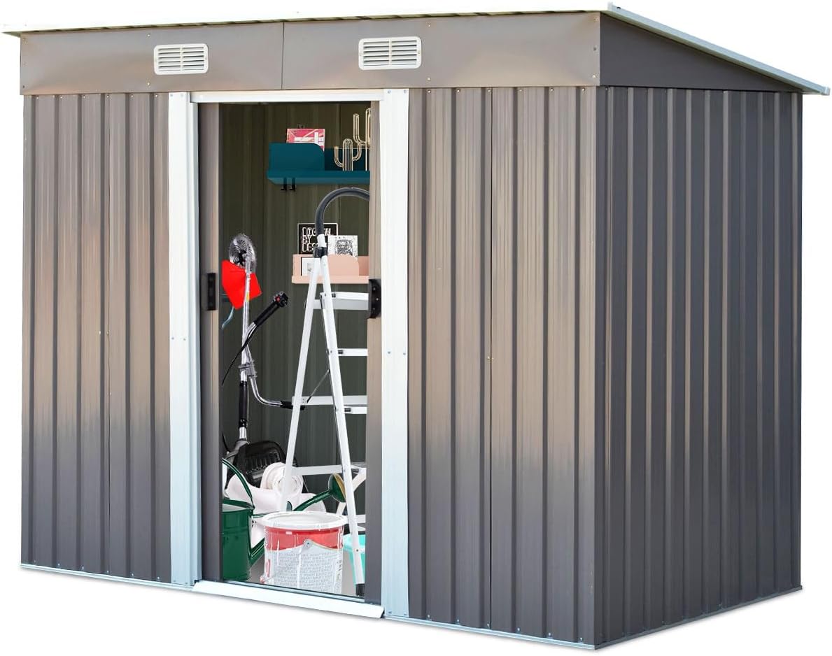 HOMASIS Cobertizos de almacenamiento, Caseta de Metal Galvanizado Resistente a la Intemperie, con Techo Reprimido, Caseta de Jardín con 2 Puertas