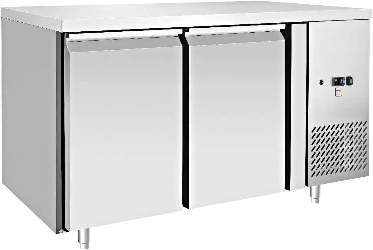 METRO Professional Neveras de carga frontal, mesa refrigerada GCC2100, de acero inoxidable con 2 puertas, 215L, 250W, para contenedores GN 1/1, rango