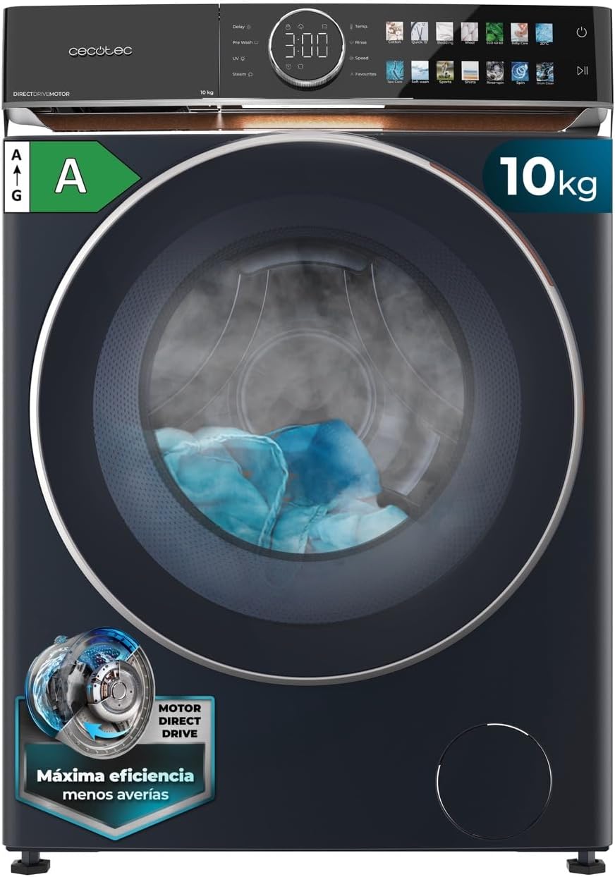 Lavadora Cecotec, 10Kg Carga Frontal Bolero DressCode 10980 Direct Drive Blue A. 1400RPM, Motor Direct Drive, Bajo Consumo, Pantalla FullColor