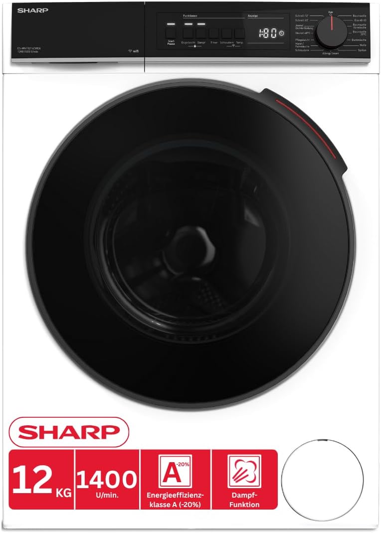 ES-WNFB214CWDA-DE de Sharp, lavadora, Lavadora (12 kg, eficiencia energética A-20%, 1400 rpm, WiFi, motor inversor, vapor, AquaStop), color blanco