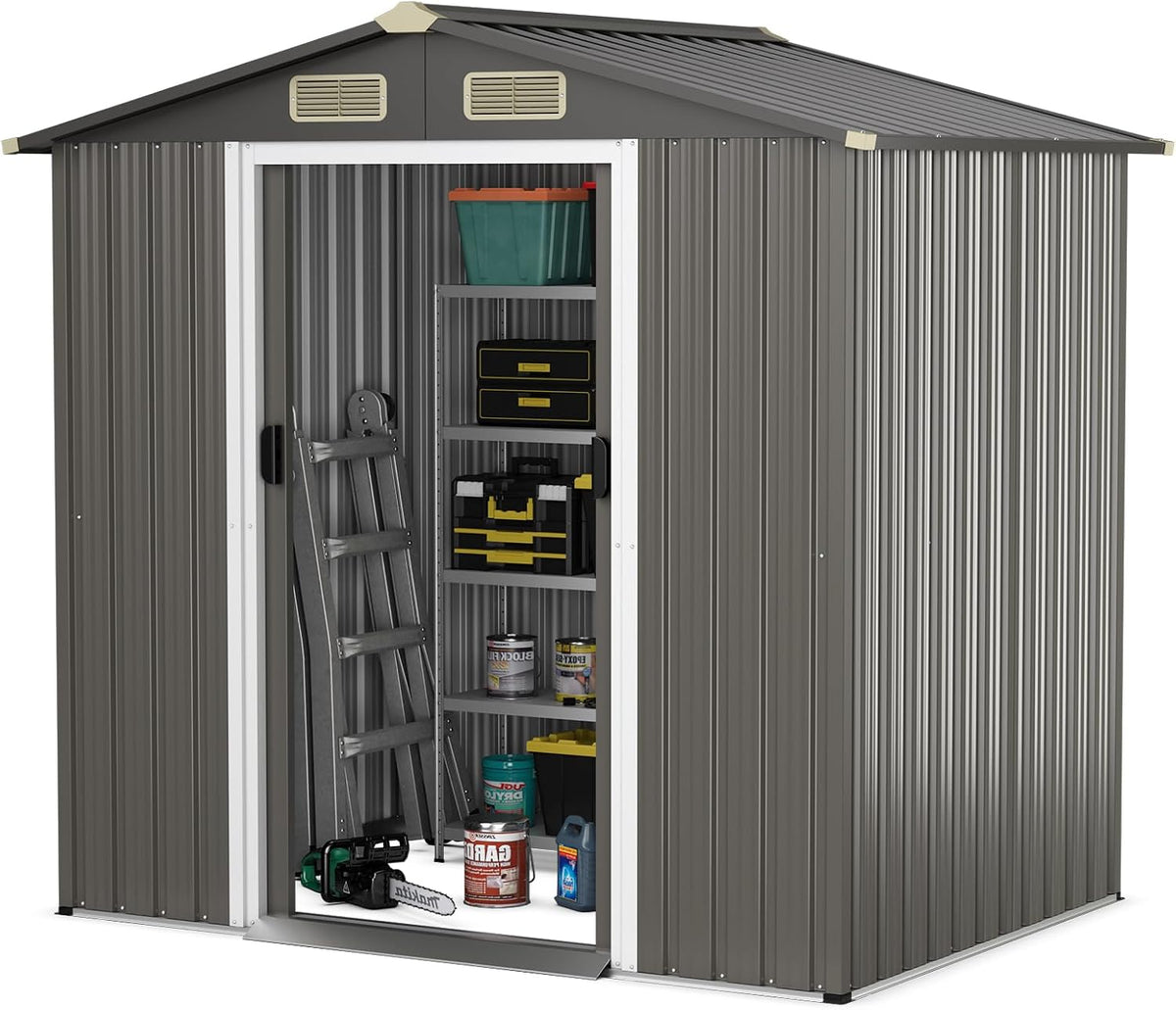 Cobertizos de almacenamiento Caseta Metálica Galvanizado para Herramientas, Caseta de Jardín con 4 Ventanas de Ventilación y 2 Puertas Correderas