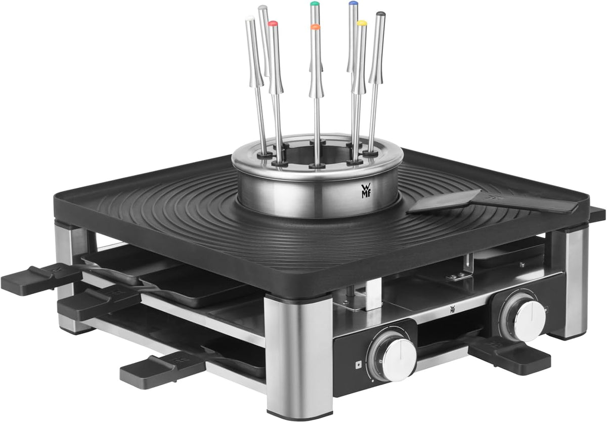 WMF Raclett, Lumero - Grill Gourmet 3 en 1, 3 funciones Raclette, Fondue, Grill iluminación LED, Gourmet, hasta 8 personas, hasta 1 L, acero