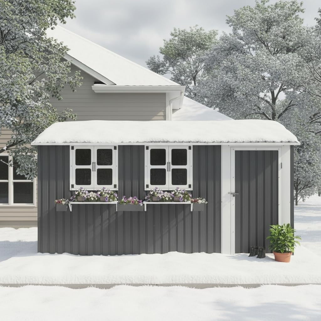 Cobertizos de almacenamiento phosir, Casa de metal para herramientas de 10, 21 m², galvanizada, 370 x 303 x 205 cm, techo a dos aguas, 3 ventanas con