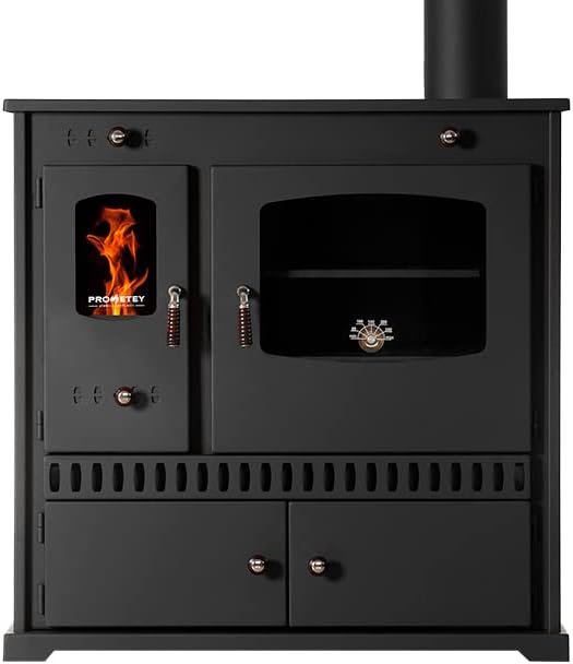 Hornos chimenea de Prometey, Estufa de leña Prometey con chimenea, compartimento de horneado y cocina Perfect Eco, 7 kW, estufa de leña para taller