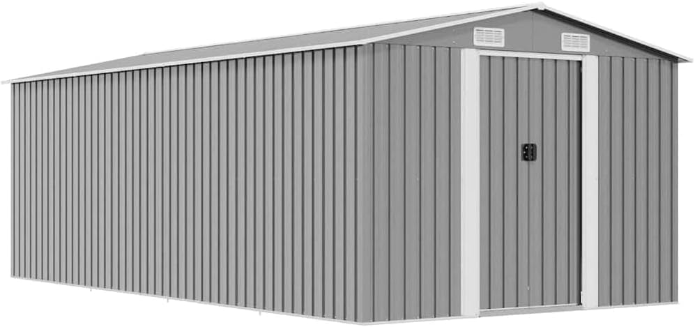 Cobertizos de almacenamiento QUAHEAS, Cobertizo de metal gris 257 x 489 x 181 cm, resistente a la intemperie, con rejillas de ventilación, con