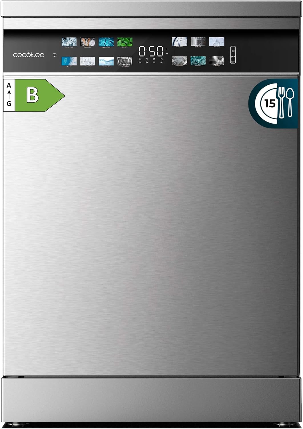Lavavajillas de Cecotec, 60 cm Libre Instalación Bolero Aguazero 6700 Inox B. 15 Cubiertos, Bajo Consumo, Motor Inverter Plus, Pantalla Fullcolor XXL