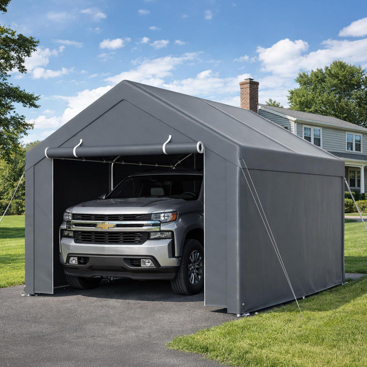 Jaxguom Cochera, campaña Carport 3 x 4 m con lona de PE impermeable, resistente al agua, con 2 paredes laterales y 10 piquetas, protección UV para
