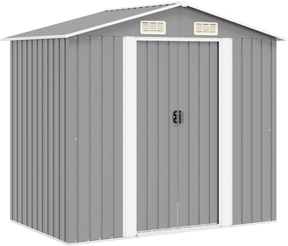Cobertizos de almacenamiento de Keeushr, Cobertizo de jardín de metal gris 204 x 132 x 186 cm con 4 orificios de ventilación y puertas correderas