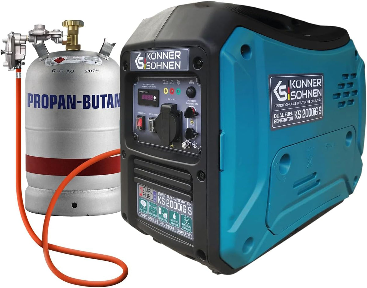 K&S Könner&Söhnen Generador, inverter híbrido gas/gasolina Könner & Söhnen KS 2000iG S, 2000W, carcasa insonorizada (62dB), Schuko 230V, LED, modo eco