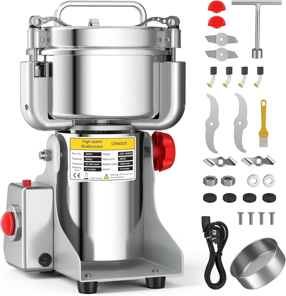 Molinos de grano Thalyrnn, Molino de granos de 2000 g, oscillante, 3600 W & 32000RPM, Molino de Cereales con Open-Cover-Stop, temporizador 5 min y