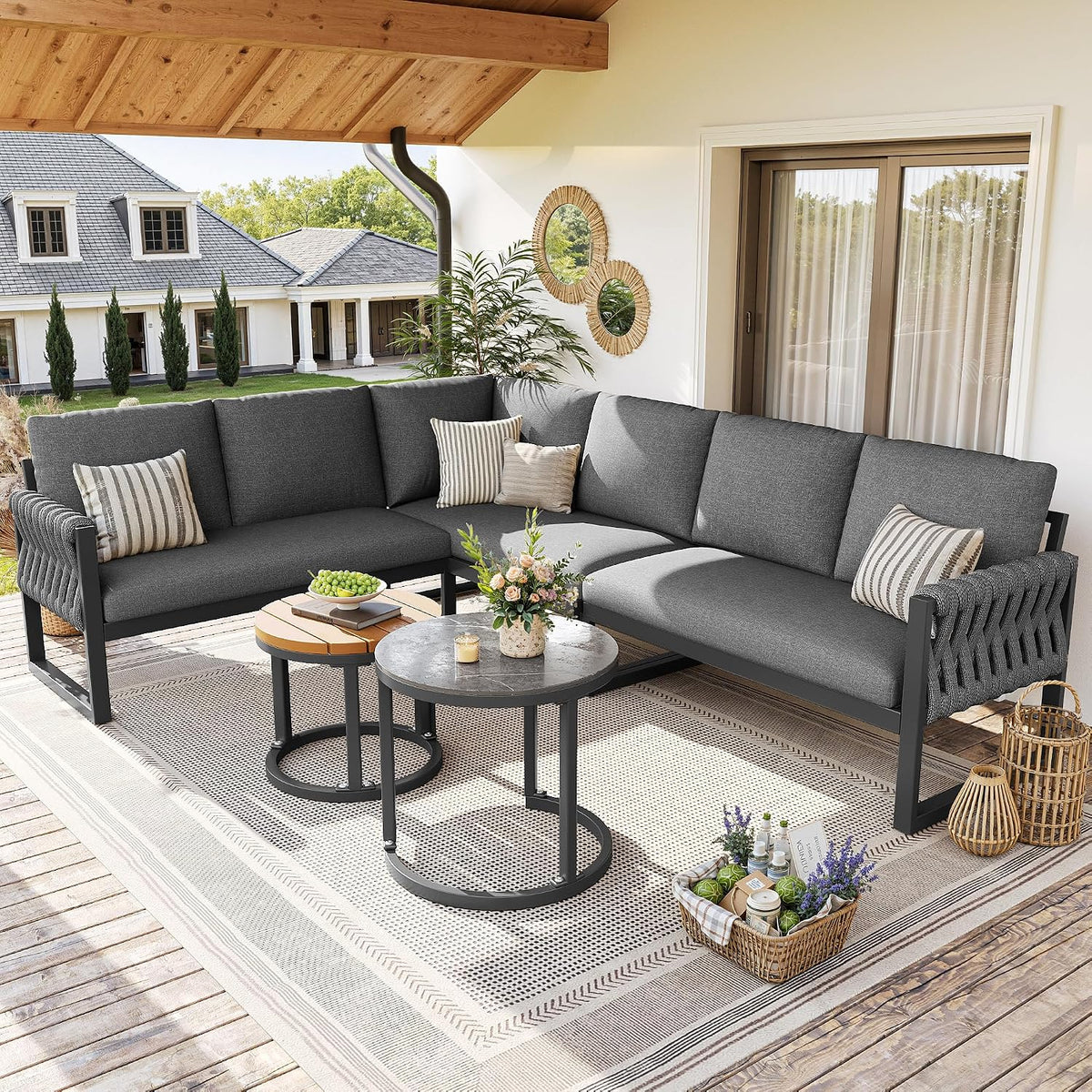 Dolamaní Juegos de conversación, Juego de muebles de jardín para exteriores para 5, 6 personas, metal, con sofá de jardín en forma de L y mesa