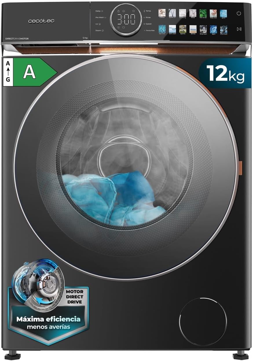 Lavadora de Cecotec, 12Kg Carga Frontal Bolero DressCode 12980 Direct Drive Steel A. 1400RPM, Motor Direct Drive, Bajo Consumo, Pantalla FullColor