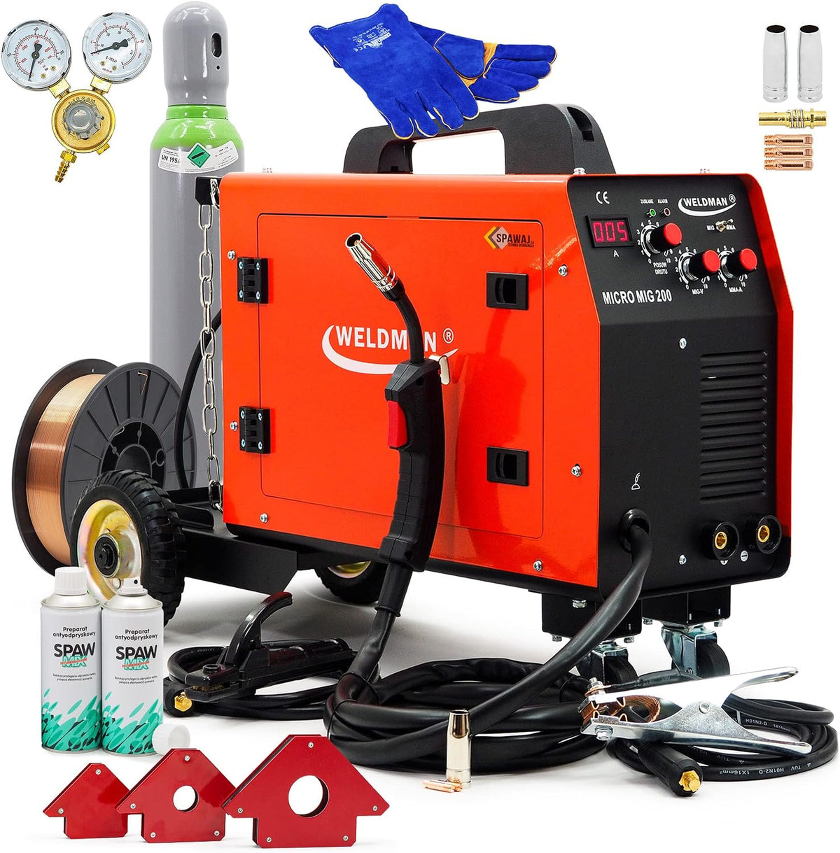 WELDMAN Equipos de soldadura MIG, Set Weldman™ Micro MIG 200 MIG/MAG Inverter máquina de soldar 200 Amp 3 en 1 FLUX MMA rojo