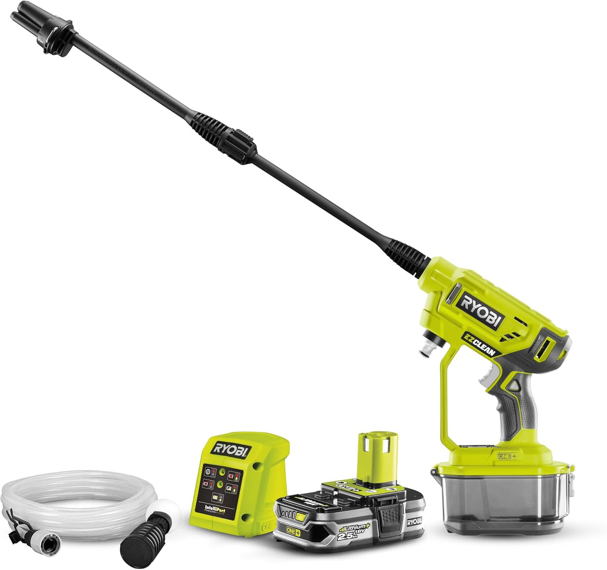 Limpiadoras a presión Ryobi, Pistola Alta Presión Inalámbrica 18V ONE+, 22bar, 182L, Boquilla 3en1, Limpiador Toda Superficie, Manguera 6m con Colador