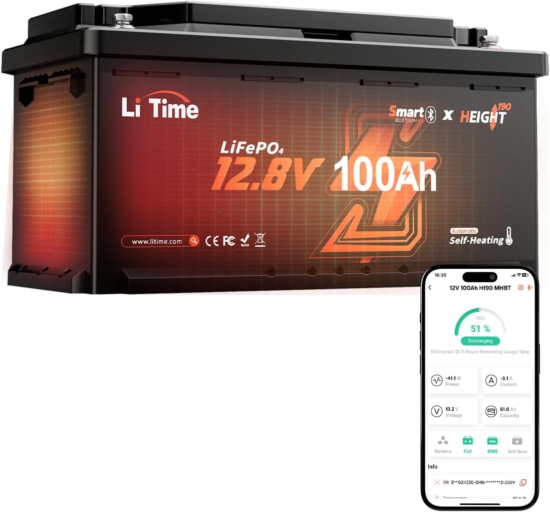 Litime Baterías de ciclo profundo, Bateria Litio 12V 100Ah H190 con Calefacción para Autocaravana