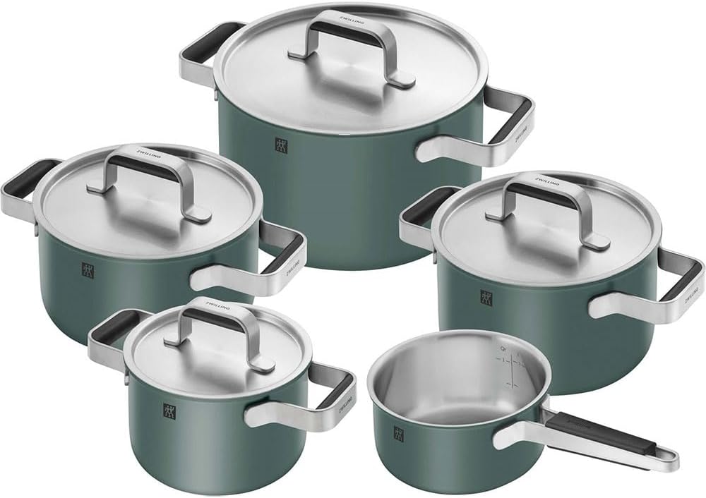 ZWILLING Juegos de olla, Pure - Batería de cocina (5 piezas, acero inoxidable 18/10, revestimiento exterior de cerámica, asas Stay Cool), color verde