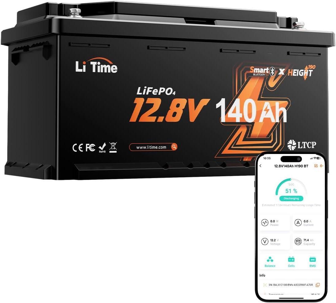 H190 de Litime, baterías de ciclo profundo, Bateria Litio 12V 140Ah LiFePO4 Bluetooth para Autocaravana