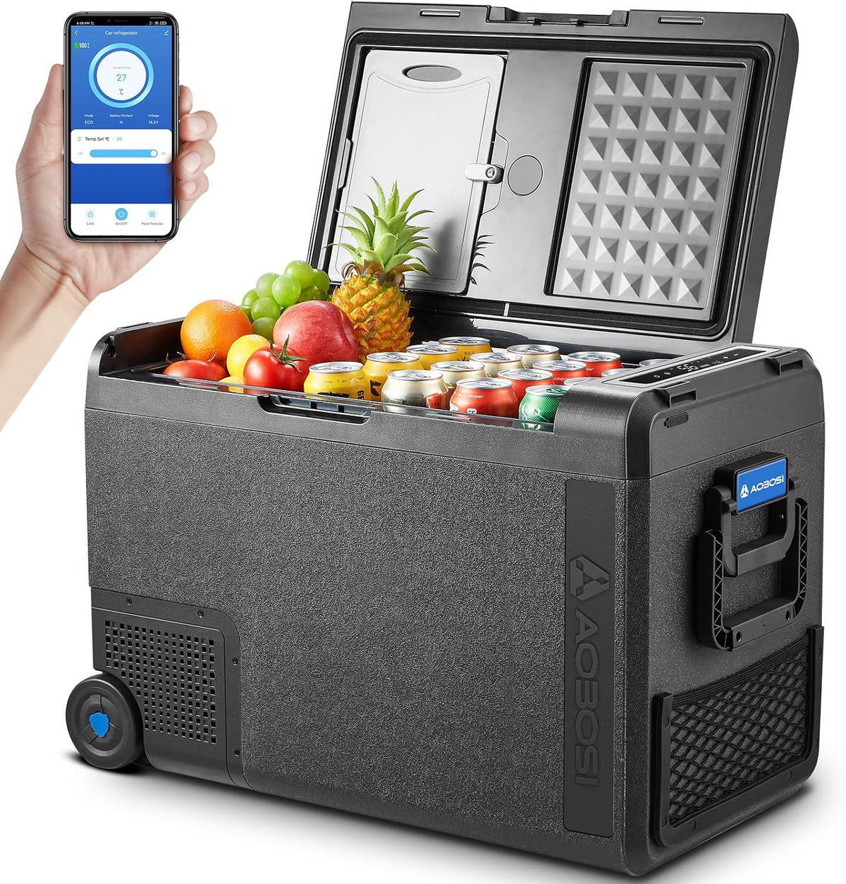 Nevera portátil de AAOBOSI, 48L Nevera Portatil Electrica con Ruedas, 12V/230V, -20°C a 20°C, APP