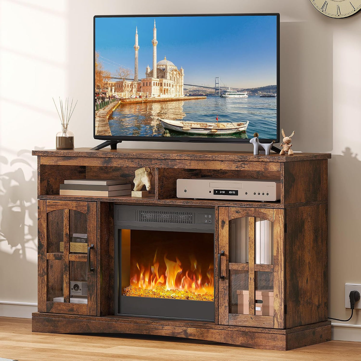 YITAHOME Chimenea eléctrica, con calefacción, Chimenea eléctrica para la Sala de Estar con Efecto de Llama, Llama Ajustable, Temporizador de 1-8 Horas