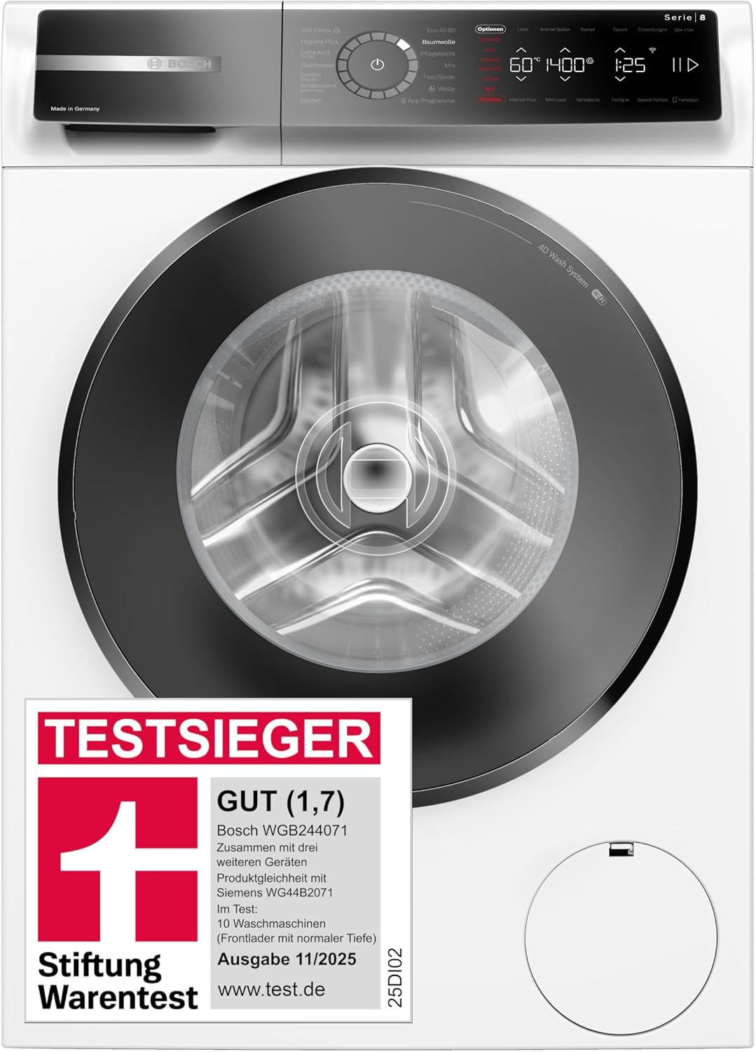 WGB244071 de Bosch, lavadora, Serie 8, lavadora inteligente, 9 kg, 1400 rpm, fabricada en Alemania, máquina automática de manchas, Iron Assist reduce