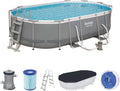 Bestway Piscinas desmontabl, Power Steel Framepool - Kit Completo Ovalado con Bomba de Filtro, Escalera y Lona (488 x 305 x 107 cm)