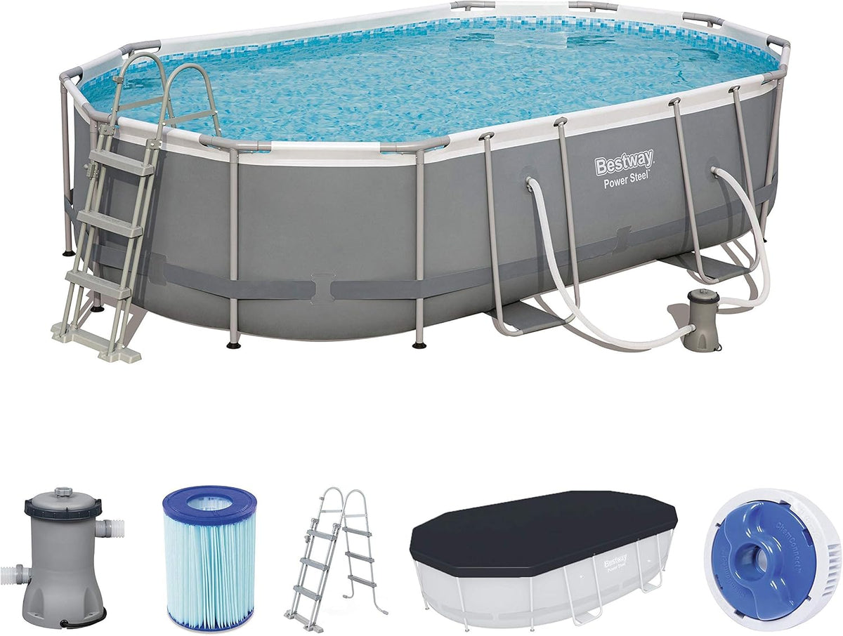 Bestway Piscinas desmontabl, Power Steel Framepool - Kit Completo Ovalado con Bomba de Filtro, Escalera y Lona (488 x 305 x 107 cm)
