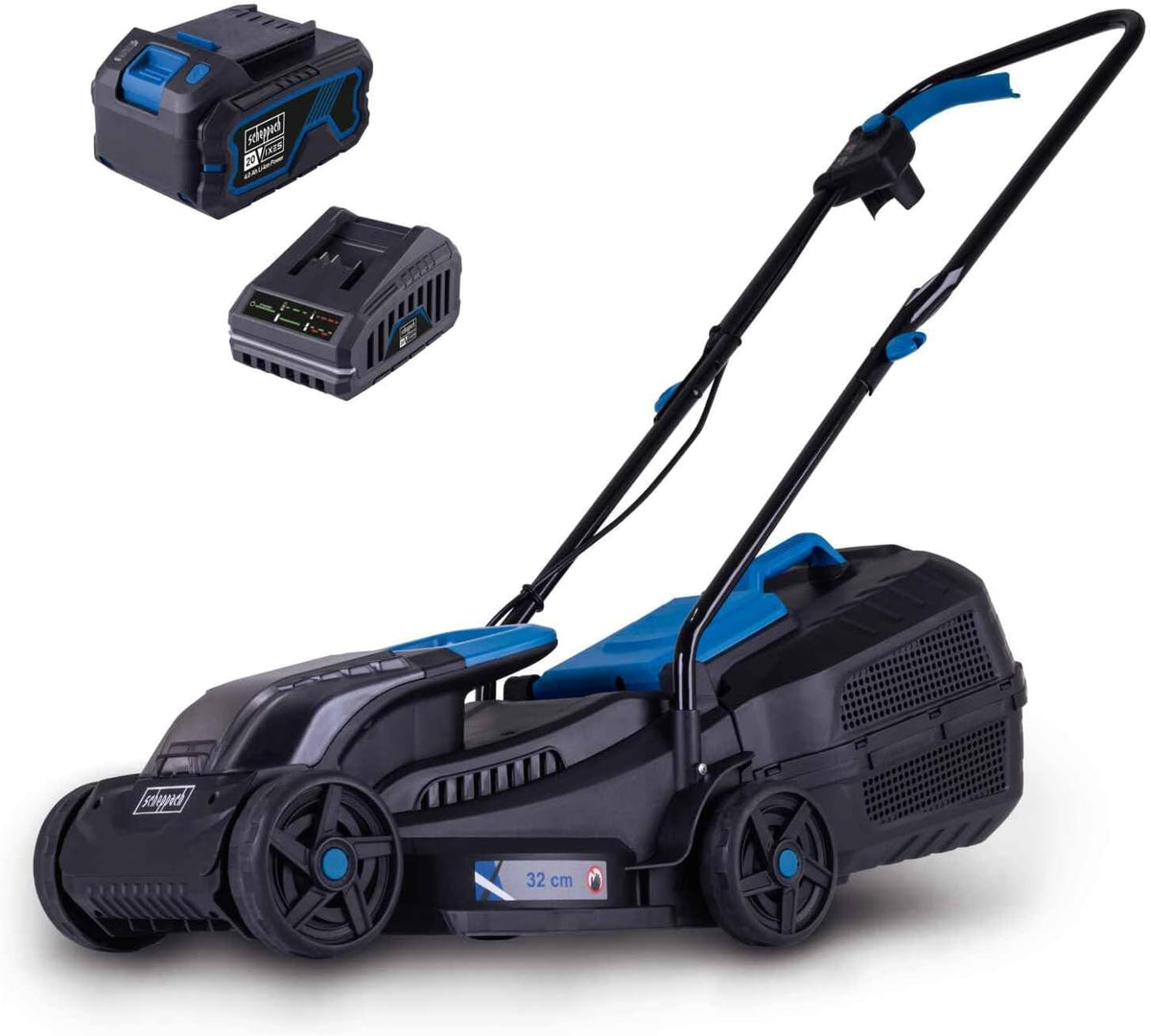 Scheppach BC-MP320-X Cortacéspedes rotativo, Cortacésped a batería Scheppach 20 V Cortacésped a batería sin escobillas Ancho de corte de 32 cm para
