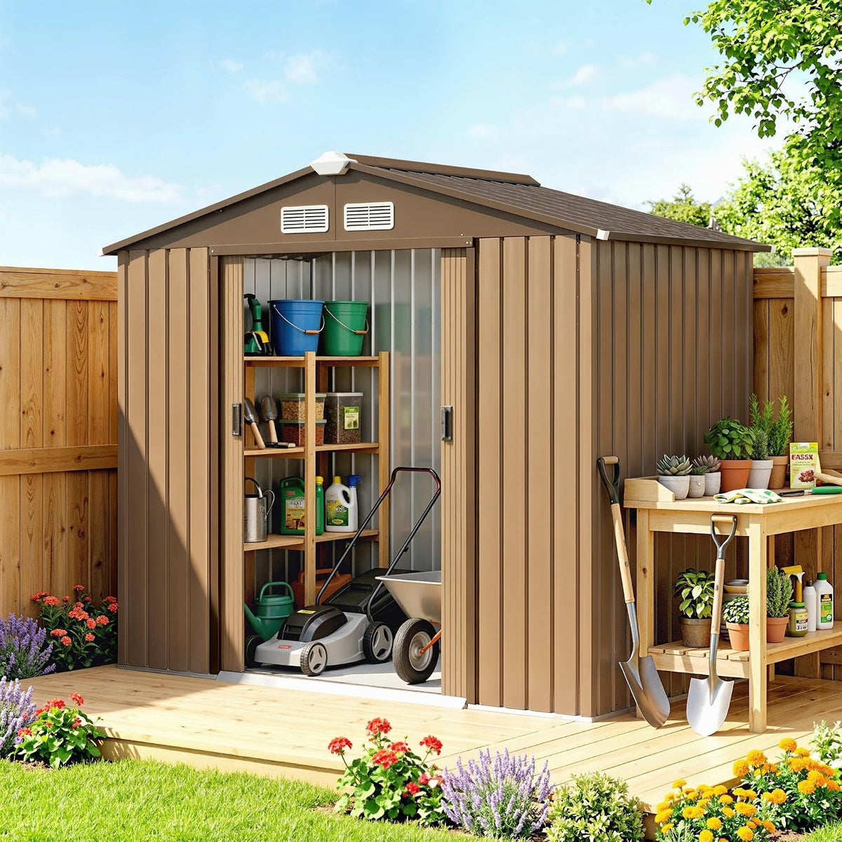 Outsunny Cobertizos de almacenamiento, Caseta de Jardín Exterior Metálica 2, 5 m² 213x130x185 cm Caqui