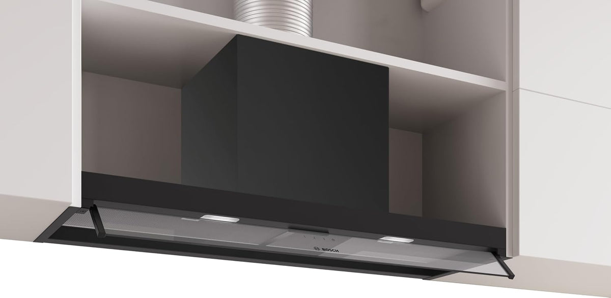 DBB95CC60 de Bosch, campana extractora de isla, Serie 4 - Campana de diseño integrada, 90 cm, cristal transparente, color negro mate