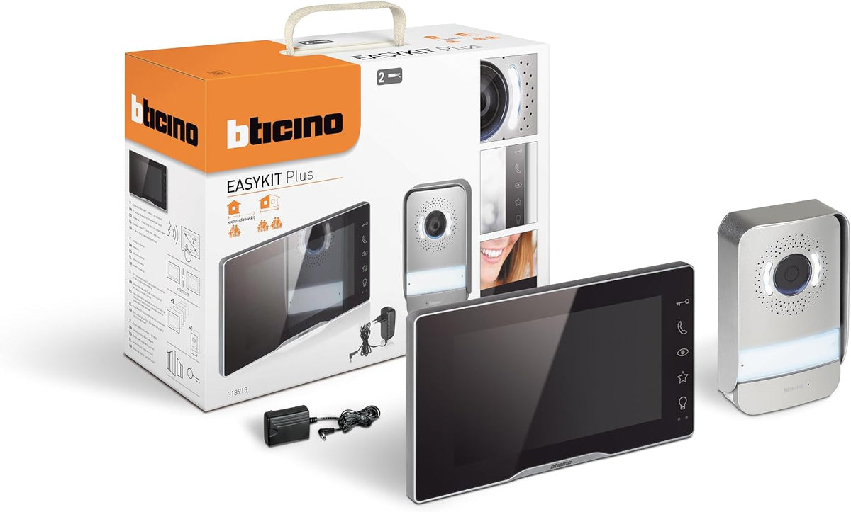 Interfono Easykit Plus 318913 - Videoportero monofamiliar Plug-In de 2 cables con: 1 botonera externa con timbre y cámara, 1 monitor interno de 7