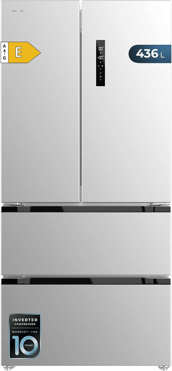 Cecotec Frigorífico combi, Frigorífico Puerta Francesa Inox 463L Bolero CoolMarket FD 436 Inox E. Altura 183cm y 83, 6 cm ancho, Bajo Consumo
