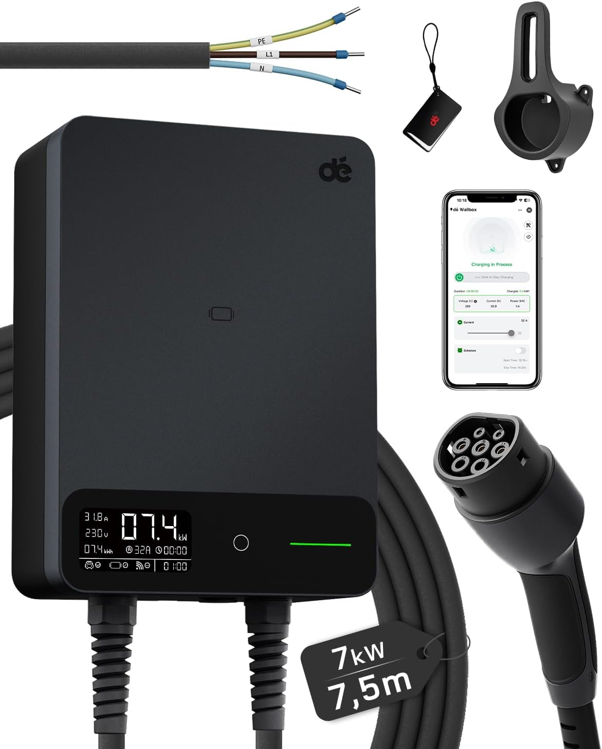 dé Estaciones de carga, Wallbox 7, 4 kW Monofásico con App, Cable Tipo 2 de 7, 5 m