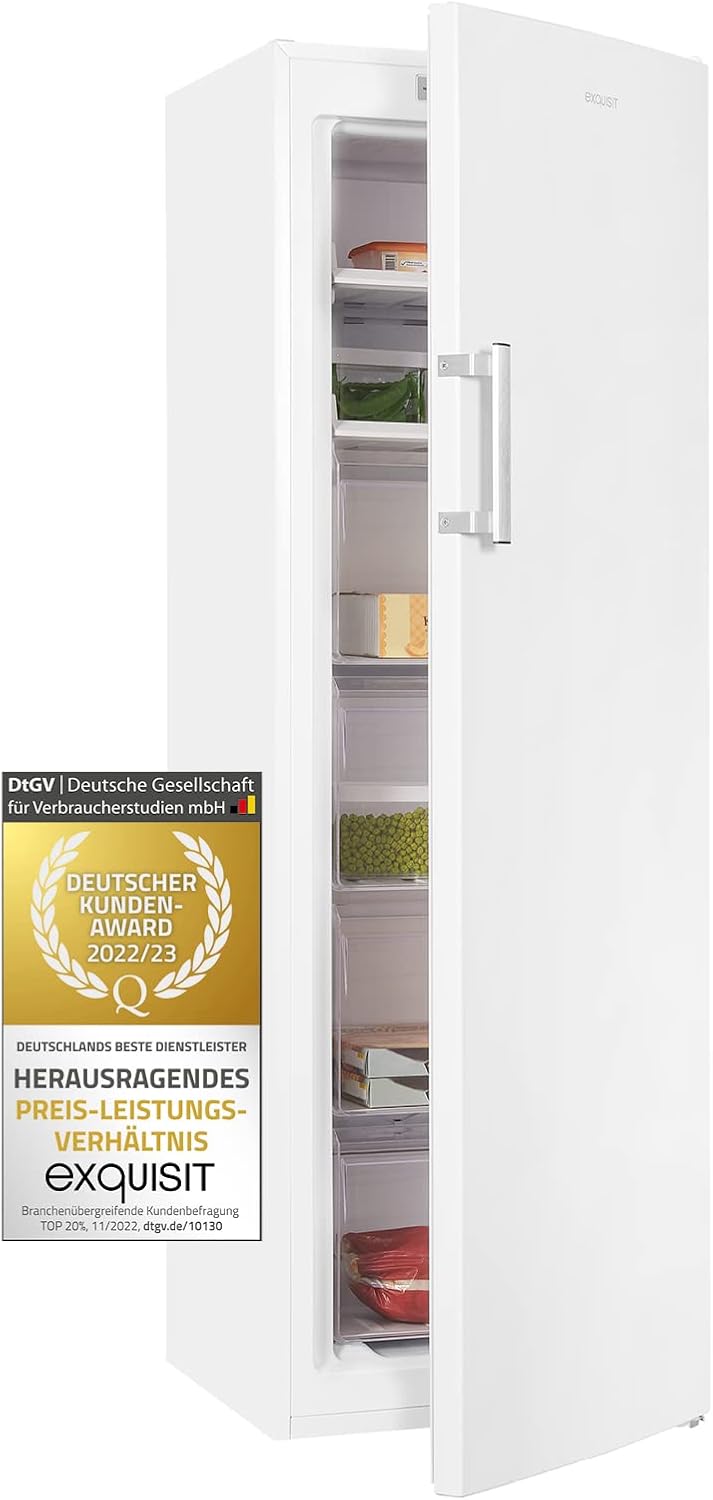 Exquisit Congelador vertical, ® Congelador vertical una puerta, 4 cajones + 2 bandejas para acceso rápido, NO FROST, Alarma Acústica para puerta, 204L