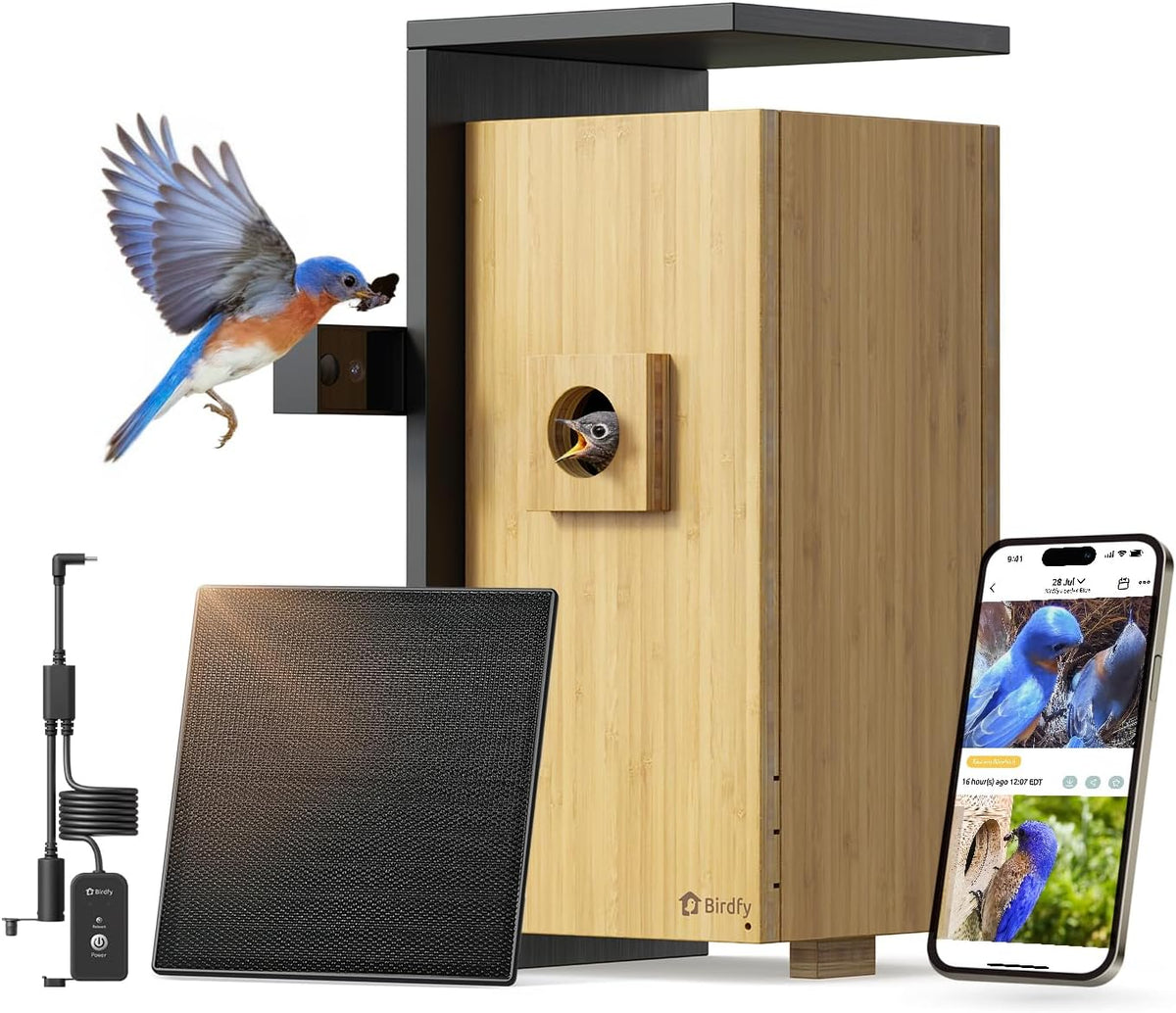 Birdfy 1080P Casas para pájaro, Smart Casa para Pájaros con Doble Cámara, Nido de Bambú con Cámara y Visión Nocturna, Observación en Vivo, IA Análisis